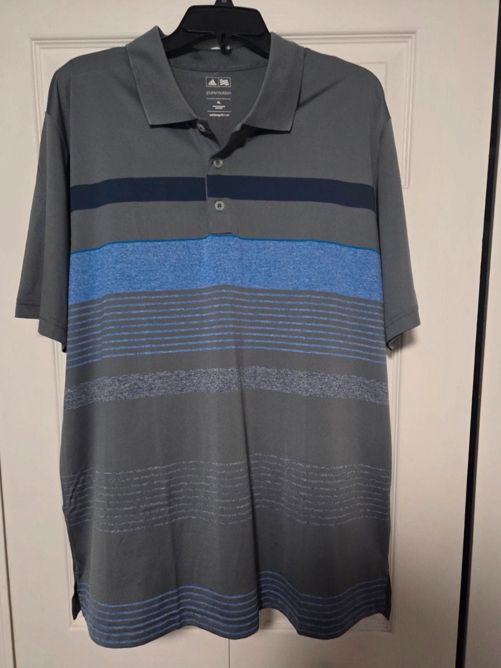 adidas Men’s Gray Polo with Navy & Light Blue Stripes